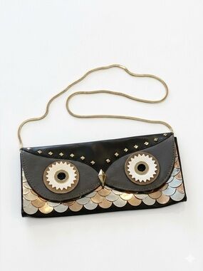 Rare Kate Spade Wise Owl Convertible Clutch Metallic Leather Chain Bag